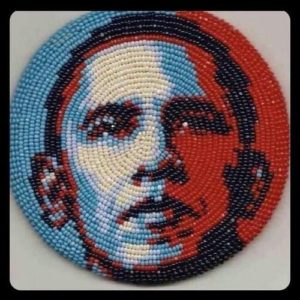 Barack Obama beadwork by Marcus Amerman, award-winning bead artist known for his incredibly precise and realistic depictions in a medium often associated with abstract, geometrical patterns.