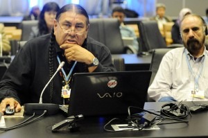 Tom Goldtooth, speaking for Indigenous Peoples at the United Nations Framework Convention on Climate Change – 18th Conference of the Parties (COP 18) Doha, Qatar Photo Credit: iisd Reporting Services http://www.iisd.ca/climate/cop18/enb/28nov.html