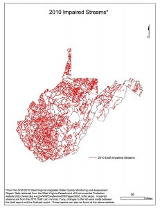 A map showing streams listed by the West Virginia Department of Environmental Protection as biologically impaired.