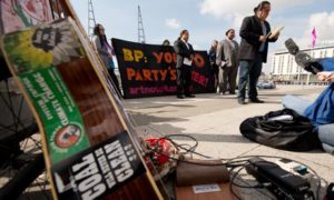 Clayton Thomas-Muller of the Indigenous Environmental Network at a protest outside the BP annual general meeting at the ExCel Centre in London. Photograph: Leon Neal/AFP/Getty Images