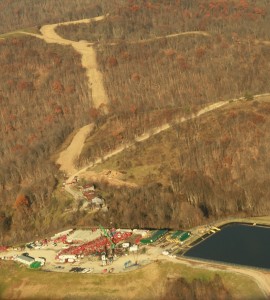 Hydraulic fracturing operation near private homes in Wetzel County, West Virginia, November 2012 (photo by SkyTruth; aerial overflight provided by LightHawk).