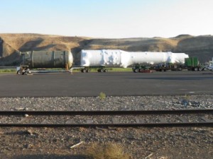 A megaload waits on Monday at the Port of Wilma (Lewiston Tribune/Elaine Williams photo).