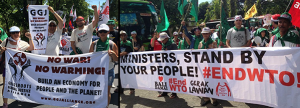 Protesters marching in the Battle of Seattle movements calling to end WTO