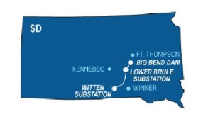 graphic of South Dakota showing locations of ft. thompson, Big Bend Dam, Lower Brule Substation, Winner, witten Substation and Kennebec