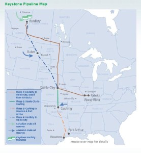 Map of the path of the Keystone Pipeline