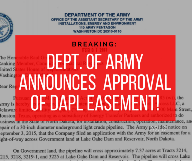 Dept. of Army Announces Approval Of DAPL Easement, IEN Response ...
