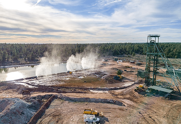 Pinyon Plain Mine, formerly known as Canyon Mine, uses water cannons to evaporate water from its holding pond near the mine shaft. A federal court ruled Feb. 22 that the mine could continue operations at their location approximately six miles from Grand Canyon National Park. (Photo Credit: https://www.nhonews.com/news/2022/mar/01/environmentalists-and-havasupai-lose-appeal-halt-u/)