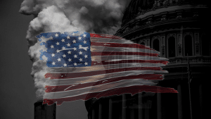 Tattered US Flag superimposed over a smoke stack and US Capitol dome