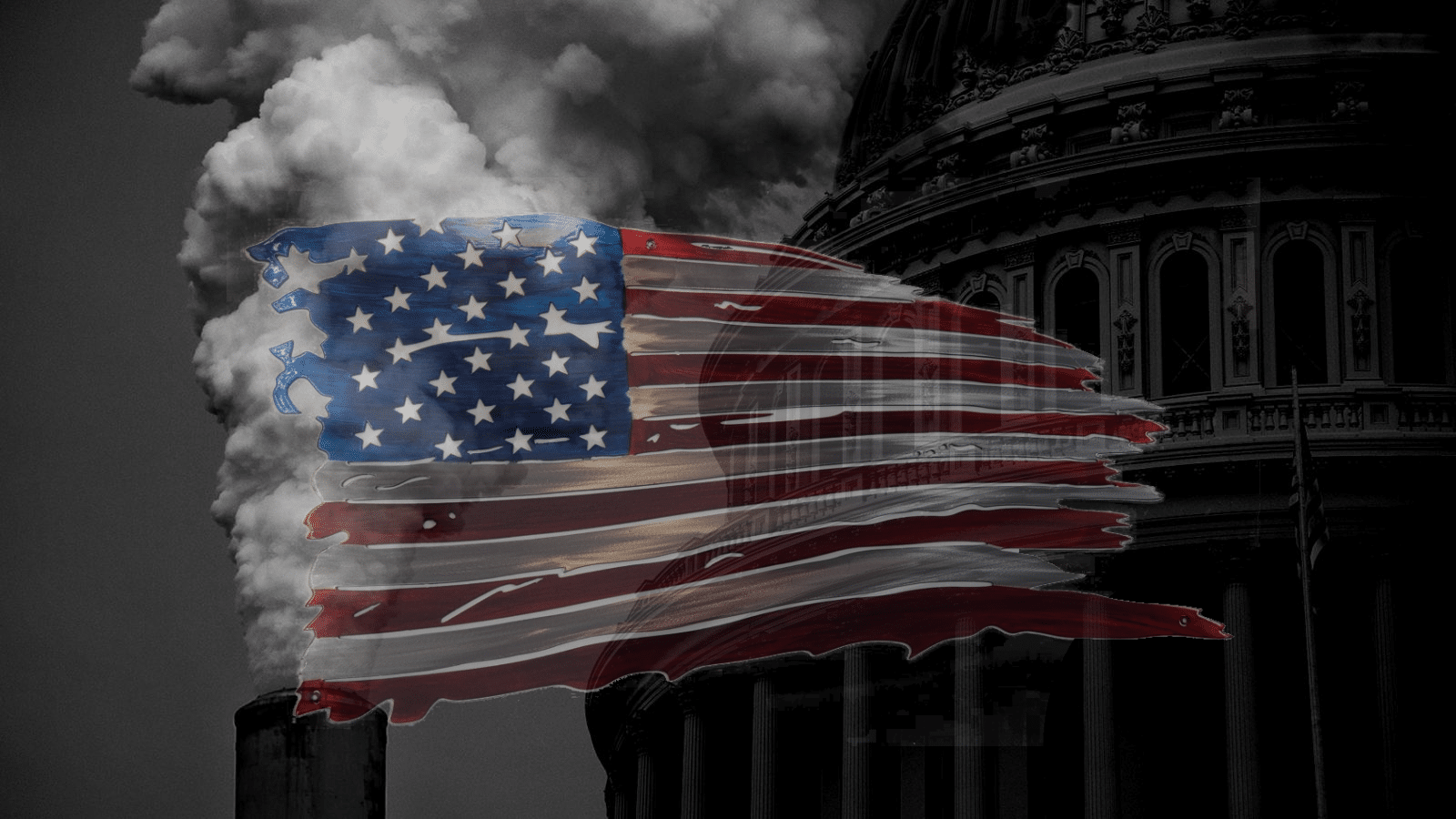Tattered US Flag superimposed over a smoke stack and US Capitol dome
