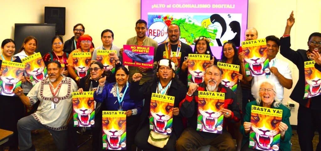 Group of diverse people at a protest holding bright ¡BASTA YA! posters with a jaguar image and a purple banner behind them reading 'ALTO al COLONIALISMO DIGITAL!'