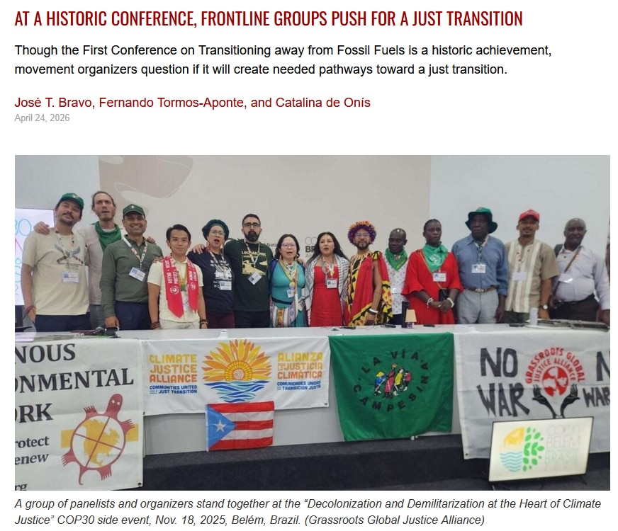 Diverse panelists stand behind climate justice banners at a COP30 side event in Belém, Brazil, advocating a just transition from fossil fuels.