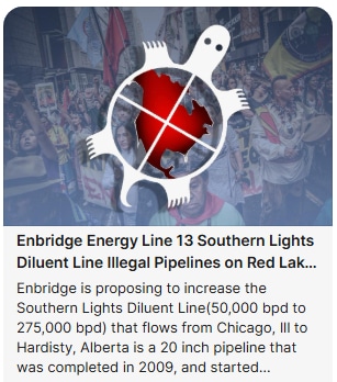 White turtle graphic wrapping around a red globe against a crowd of protesters, signaling anti-pipeline activism.