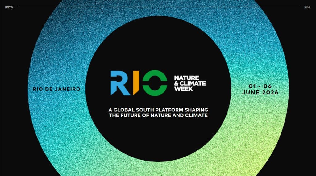 Poster for Rio Nature & Climate Week 2026 featuring a gradient circular ring, the 'RIO' logo, and event dates in June 2026.