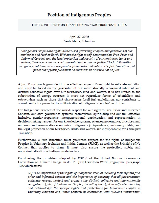 Document titled Position of Indigenous Peoples announcing the First Conference on Transitioning Away from Fossil Fuels, dated Apr 27, 2026, Santa Marta, Colombia, with a framed quote and multiple sections on Indigenous rights and governance.