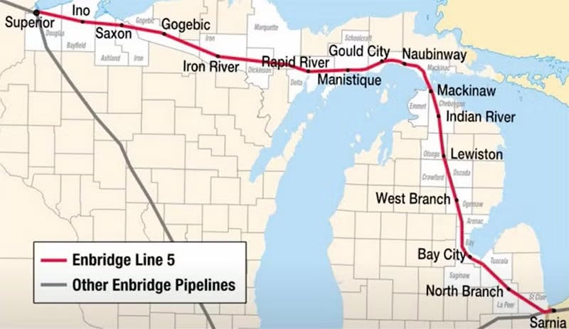 Map showing Enbridge Line 5 in red across Michigan from Superior to Sarnia, with other pipelines in gray (illustrates route).
